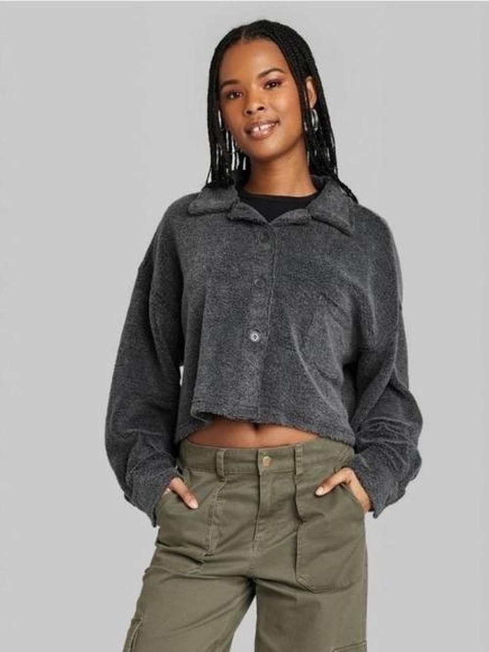 wild fable Cozy Slouchy Women's Grey Cropped Sherpa Fall Shacket Size XXL